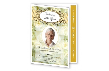 Cherished White Roses Funeral Program Template -- Graduated Fold