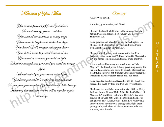 Graduated Fold Funeral Program Sample Page 2