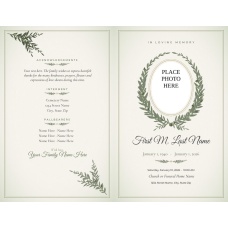 Olive Branch bifold funeral program template, outside pages: front cover with an oval photo frame inside an olive wreath, and back panel with acknowledgements, interment and pallbearers