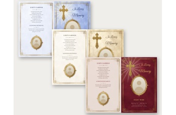 Blank Bright Golden Cross template, Blue, Tan and Burgundy outside spreads with placeholder text and gold oval photo placeholder frames.
