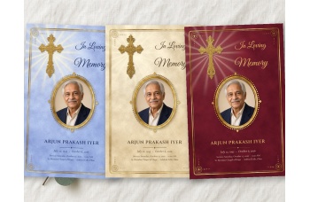 Blue, Tan and Burgundy front covers of the Bright Golden Cross funeral program side by side: a gold filigree cross with light rays, "In Loving Memory" script, a gold oval photo frame, the name in capitals, dates and service details inside a gold border.