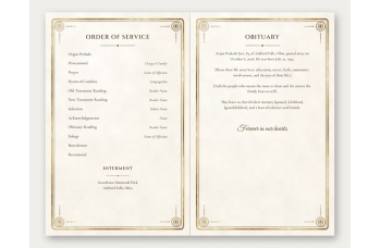 Inside spread of the Tan program on ivory panels with gold borders: order of service and interment on the left, obituary and "Forever in our hearts" on the right, in dark serif headings.