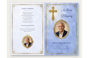 Outside spread of the Blue Bright Golden Cross bifold program: the "God's Garden" poem, acknowledgements and a small oval photo on the back, and the photo cover with name, dates and service details on the front.