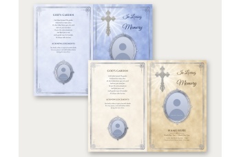 Blank Bright Silver Cross template, Blue and Tan outside spreads with placeholder text and silver oval photo placeholder frames.
