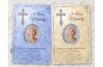 Blue and Tan front covers of the Bright Silver Cross funeral program side by side: a filigree silver cross with light rays, "In Loving Memory" script, a silver oval photo frame, the name in capitals, dates and service details inside a silver double border