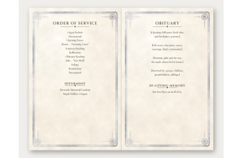 Inside spread of the Tan program on ivory parchment panels with silver borders: order of service and interment on the left, obituary and "In Loving Memory" on the right, in brown serif headings.