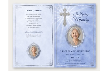 Outside spread of the Blue Bright Silver Cross bifold program: the "God's Garden" poem, acknowledgements and a small oval photo on the back, and the photo cover with name, dates and service details on the front.