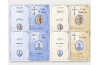 Four letter-landscape print sheets: the filled sample outside spreads in Blue and Tan on top, the blank Blue and Tan outside spreads below.
