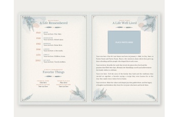 Pages 6 and 3 of the Celebration of Life template: an A Life Remembered timeline with Favorite Things, and A Life Well Lived life story with a photo spot