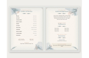 Pages 2 and 7 of the Celebration of Life template: Order of Service with officiating, music and reception, and Acknowledgements, Pallbearers, Interment and In Lieu of Flowers
