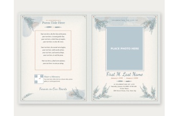 Outside of the Celebration of Life booklet template: back cover with a poem, Share a Memory QR code spot and Forever in Our Hearts, and the front cover with a large photo spot, name, dates and service details