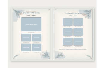 Centre spread of the Celebration of Life template: Cherished Moments with five photo spots and Treasured Memories with six photo spots and a favorite quote