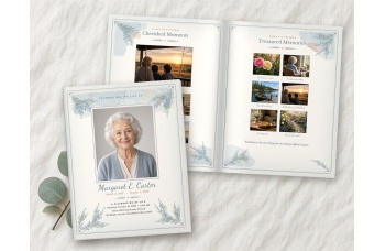 Printed and folded Celebration of Life 11x17 funeral program booklet with a filled-in sample: a cover portrait, name and service details, beside the open Cherished Moments and Treasured Memories photo pages