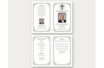 Black and White Classic Cross bifold program, outside and inside: Psalm 23, a small framed photo and acknowledgements on the back, the cross and photo cover, then order of service, interment, pallbearers and obituary, all on white with black art-deco bord