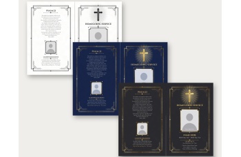 Blank Classic Cross bifold Canva template in Black and White, Navy and Gold, and Charcoal and Gold: outside pages with placeholder text and silhouette photo placeholders in the deco photo frames.