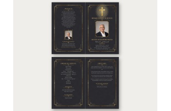 Charcoal and Gold Classic Cross bifold program, outside and inside: Psalm 23, a small framed photo and acknowledgements on the back, the gold cross and photo cover, then order of service, interment, pallbearers and obituary, in gold on charcoal with gold 