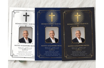 Black and White, Navy and Gold, and Charcoal and Gold front covers of the Classic Cross bifold funeral program side by side: a cross with a soft glow, "Homegoing Service" in capitals, a framed photo spot, the name, dates and service details inside an art-
