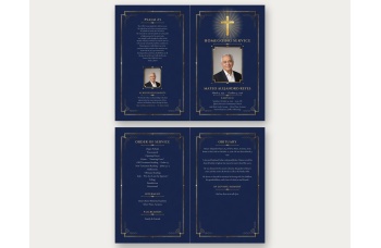 Navy and Gold Classic Cross bifold program, outside and inside: Psalm 23, a small framed photo and acknowledgements on the back, the gold cross and photo cover, then order of service, interment, pallbearers and obituary, in gold on deep navy with gold art