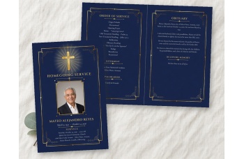 Classic Cross bifold funeral program mockup on linen: the navy and gold front cover, with a gold cross and light rays above "Homegoing Service", a framed photo spot, the name and dates, in front of the open inside pages with the order of service and obitu