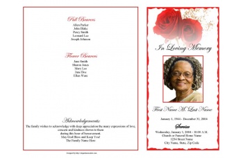 Red Rose Funeral Program Template - 4 Page Graduated Fold