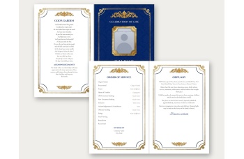 Blank Memorial Plaque template: outside and inside spreads with placeholder text and a photo placeholder in the gold frame.