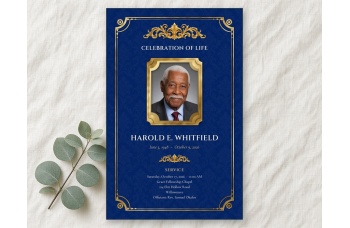 Front cover of the Memorial Plaque funeral program: "Celebration of Life" and the name in ivory capitals, a gold plaque-shaped photo frame, gold borders and flourishes on a navy damask background, with the dates and service details below.