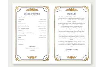 Inside spread of the Memorial Plaque program, with the order of service and interment on the left and the obituary on the right, in navy headings and serif text inside gold borders.