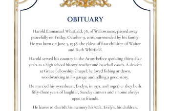Close-up of the obituary panel, with a navy serif heading under a gold flourish above the serif body text.