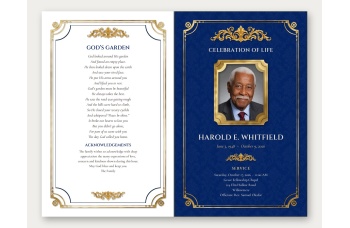 Outside spread of the Memorial Plaque bifold program, with the "God's Garden" poem and acknowledgements on the white back panel and the navy photo cover with name, dates and service details on the front.
