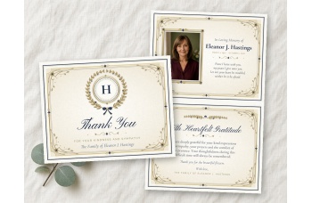 Minimal Monogram thank you card template sample with gold laurel wreath monogram