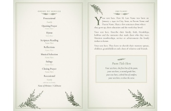 Inside pages of the Olive Branch funeral program template showing the order of service, obituary and a framed poem with sage olive branches