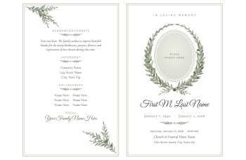 Olive Branch funeral program template with the optional background removed for home printing, showing white paper with the borders and olive artwork in place