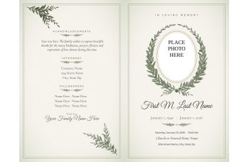 Olive Branch bifold funeral program template, outside pages: front cover with an oval photo frame inside an olive wreath, and back panel with acknowledgements, interment and pallbearers
