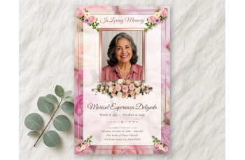 Front cover of the Pastel Memories funeral program, "In Loving Memory" and the name in rose script under a rose-gold photo frame, with pastel rose corners and a blush floral background.