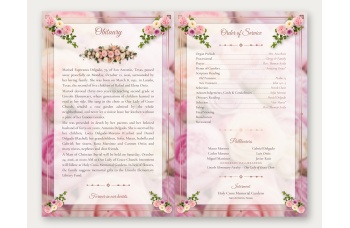 Inside spread of the Pastel Memories program with the obituary on the left and the order of service, pallbearers and interment on the right, in rose and mauve script and serif text.