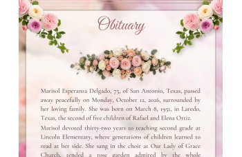 Close-up of the obituary panel with a rose script heading, a pastel rose garland and serif body text.
