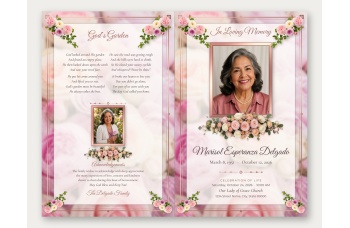 Outside spread of the Pastel Memories bifold program: the "God's Garden" poem, a small photo and acknowledgements on the back, photo cover with name, dates and service details on the front.