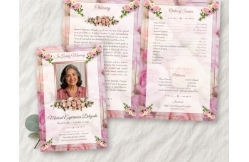 Pastel Memories bifold funeral program mockup on linen, the folded cover with a photo of a smiling older woman framed in rose gold beside the open inside spread.