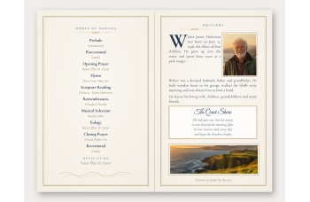 Inside spread of the Quiet Shore program with order of service on the left and obituary, poem and coastal photo on the right, in navy and gold on ivory.