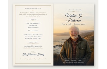 Outside spread of the Quiet Shore bifold program: acknowledgements, interment, pallbearers and reception on the back, photo cover on the front.