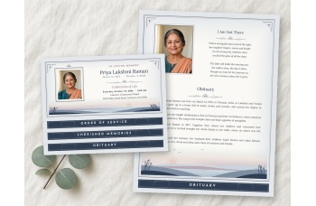 Soft Horizon Funeral Program Template - Bottom Graduated Fold, folded program with tabs and open Obituary page