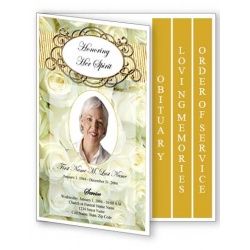 Cherished White Roses Funeral Program Template -- 4 Page Graduated Fold