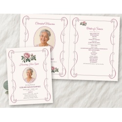Pink Beloved Vintage Rose large booklet funeral program with a sample filled in: the folded cover with a vintage pink rose, "Honoring Her Spirit", an oval photo, name and dates in front of the open inside showing a "Cherished Memories" tribute photo and t
