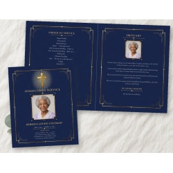 Navy and Gold Classic Cross legal bifold funeral program with a sample filled in: the folded cover with a gold cross, "Homegoing Service", a framed photo, name and dates in front of the open inside showing the order of service and an obituary with a photo