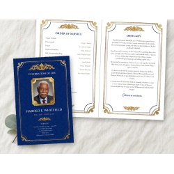 Memorial Plaque bifold funeral program mockup on linen: the navy cover, with a photo of a smiling older man in a gold plaque frame, beside the open inside spread.