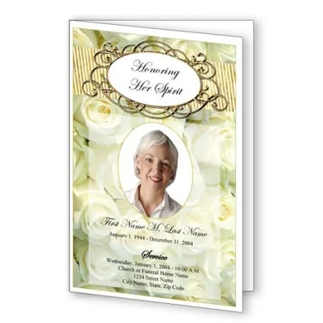 Cherished White Roses funeral program template, front cover