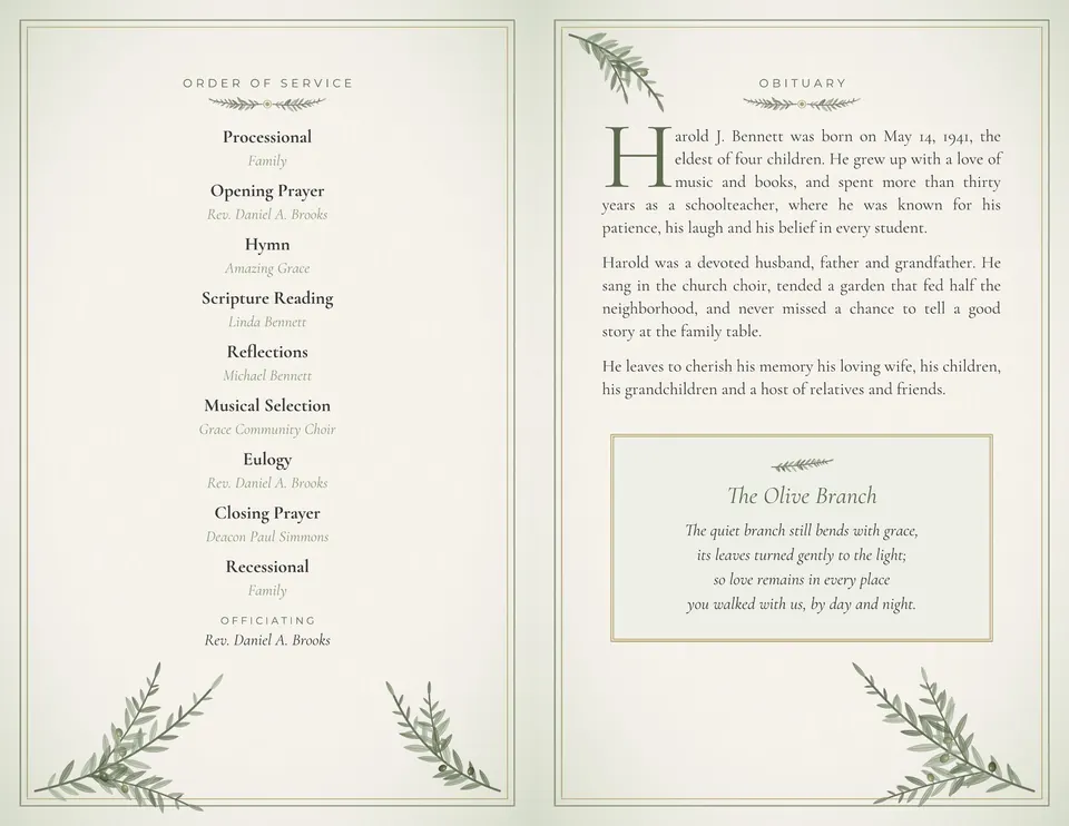 Olive Branch funeral program template, inside spread with order of service and obituary sections