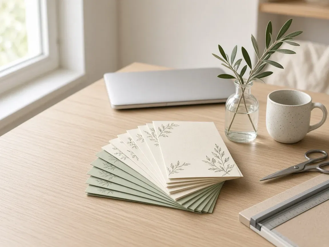 A tidy home workspace with printed programs fanned on a desk beside an olive sprig