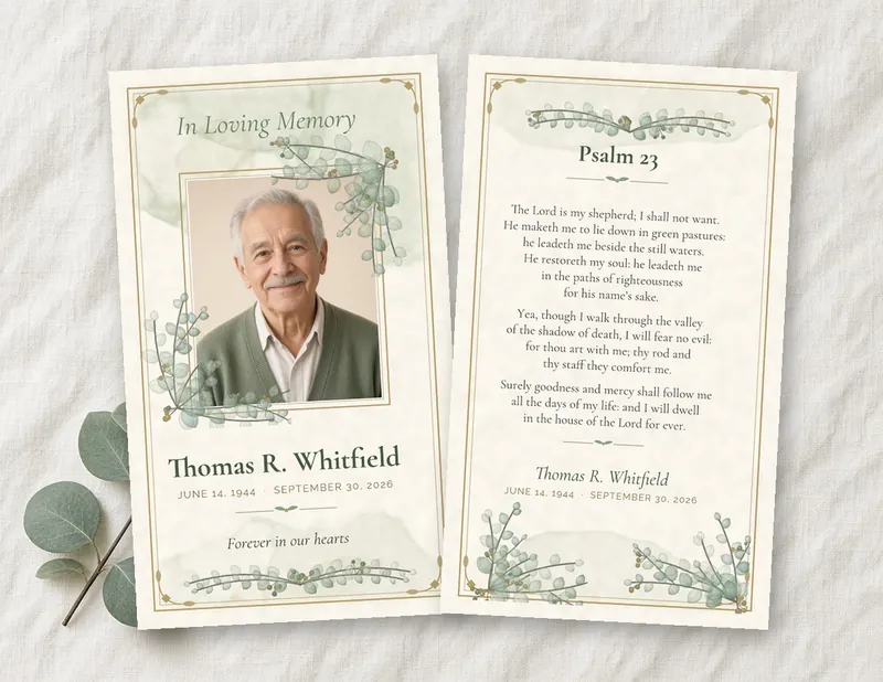 Modern Botanical prayer card template preview