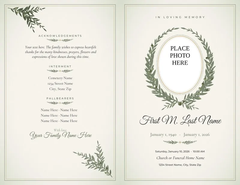 Olive Branch bifold template preview, available in Canva